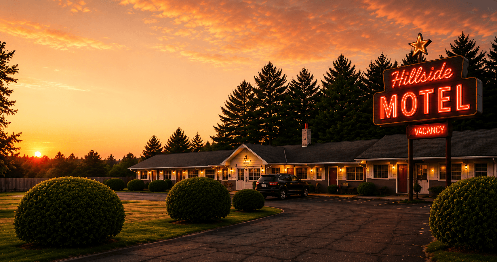 Hillside Motel Exterior at Sunset