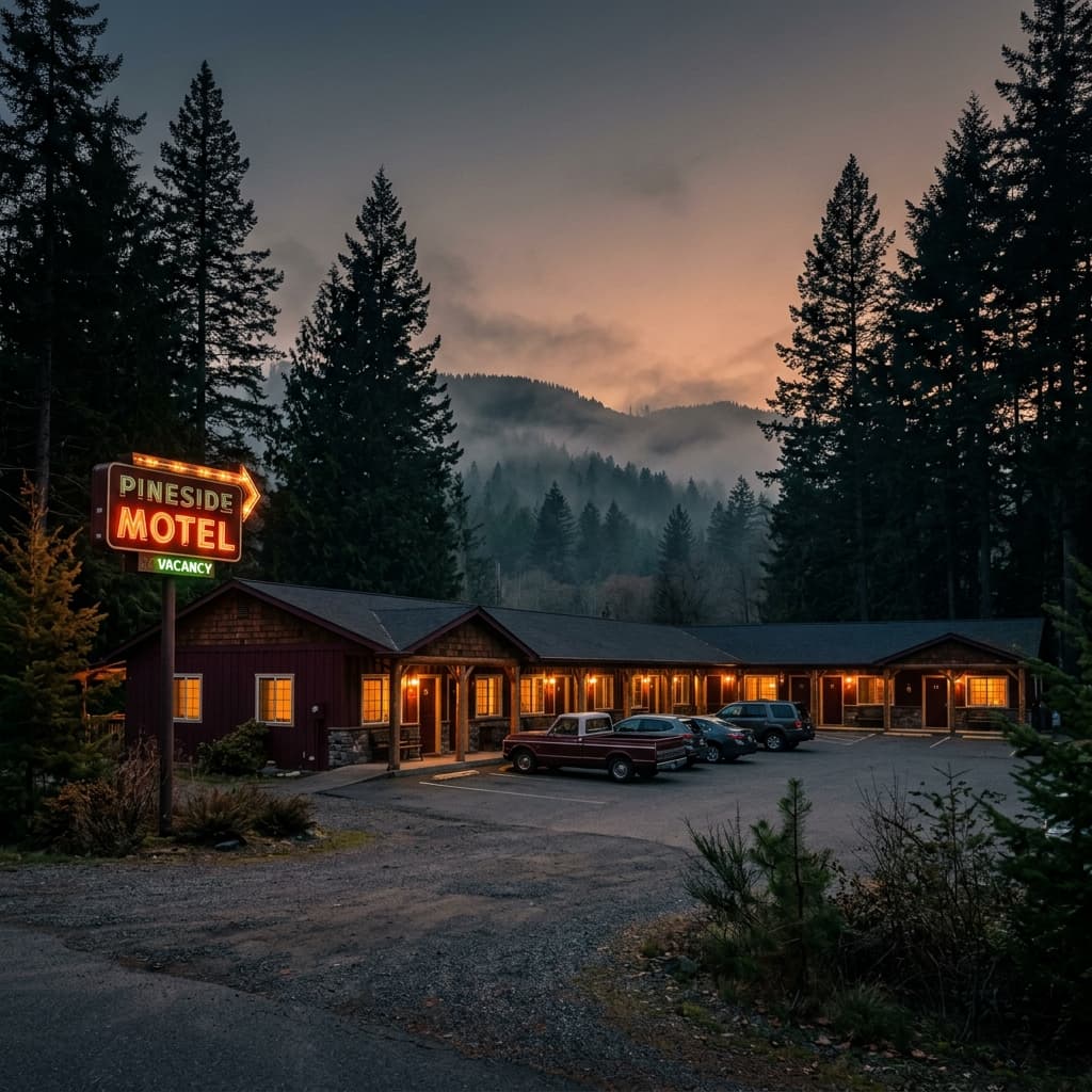 Hillside Motel at dusk surrounded by pine trees
