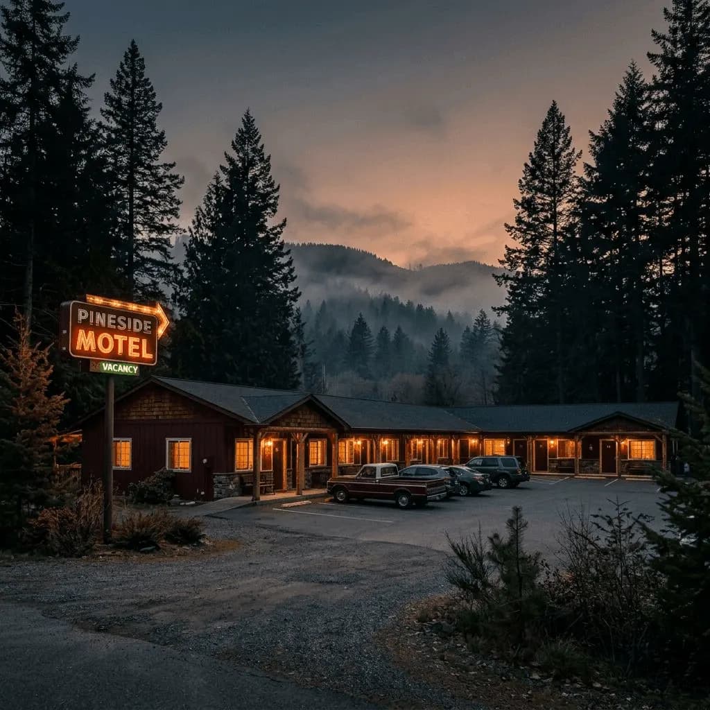 Hillside Motel at dusk surrounded by pine trees